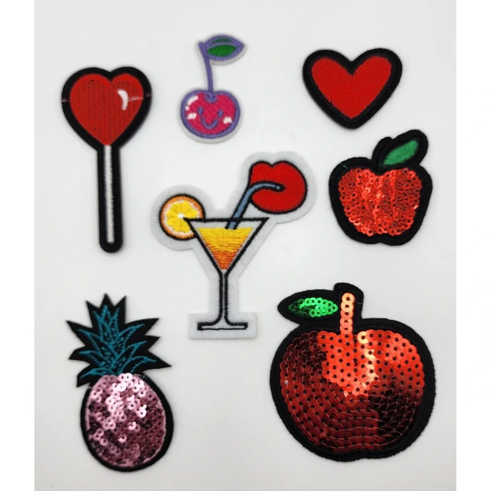 FUN MIXED LOT OF 7 FRUIT EMBROIDERED PATCHES CHERRIES PINEAPPLE APPLES Sequined
